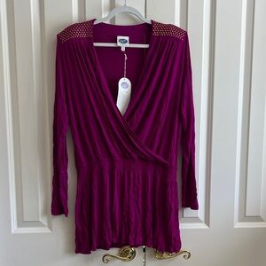 DG2 by Diane Gilman vintage Magenta Wrap Blouse with Gold Stud Embellishments
